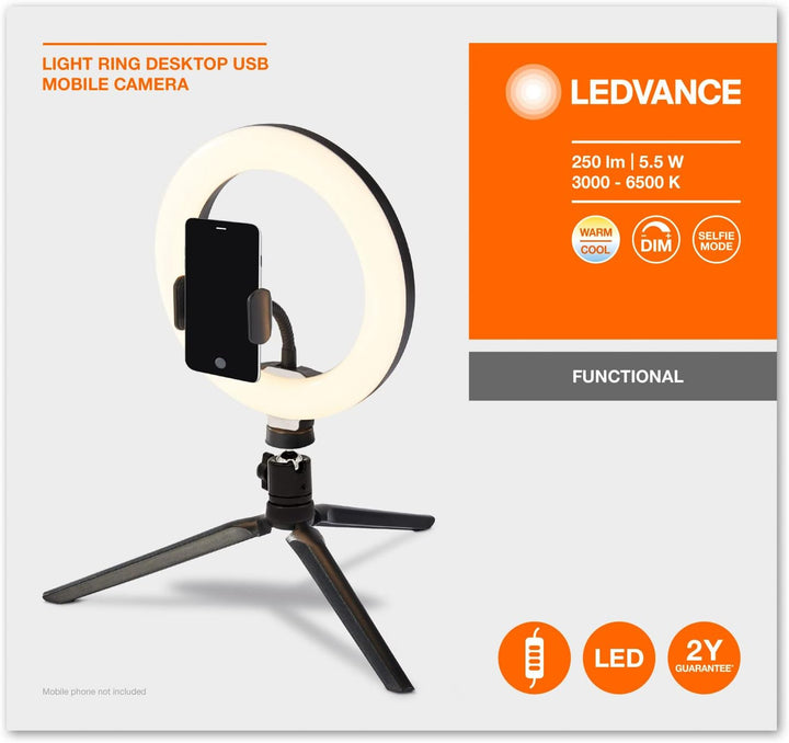 Ledvance LED Ringlicht mit Stativ 190mm mit USB Anschluss, 72 LEDs dimmbar, 3000-5800k, 10W-400-500