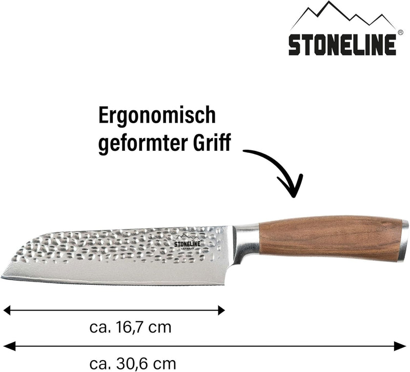 STONELINE Hammerschlag Damastmesser Santoku Messer extrem scharfe 16,5 cm Klinge aus 67 Lagen, Damas