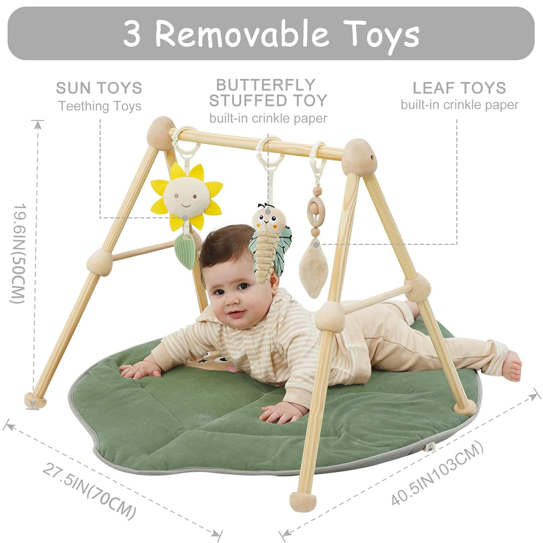 4 IN 1 Blatt Spielbogen Baby, Spielmatte Babies mit Natur Holz Activity Spielbogen, 3 abnehmbaren Sp