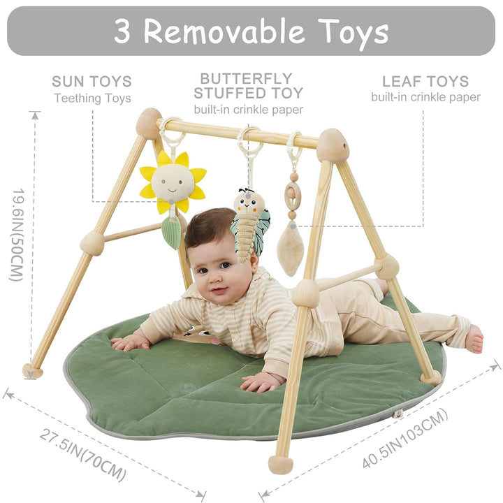 4 IN 1 Blatt Spielbogen Baby, Spielmatte Babies mit Natur Holz Activity Spielbogen, 3 abnehmbaren Sp