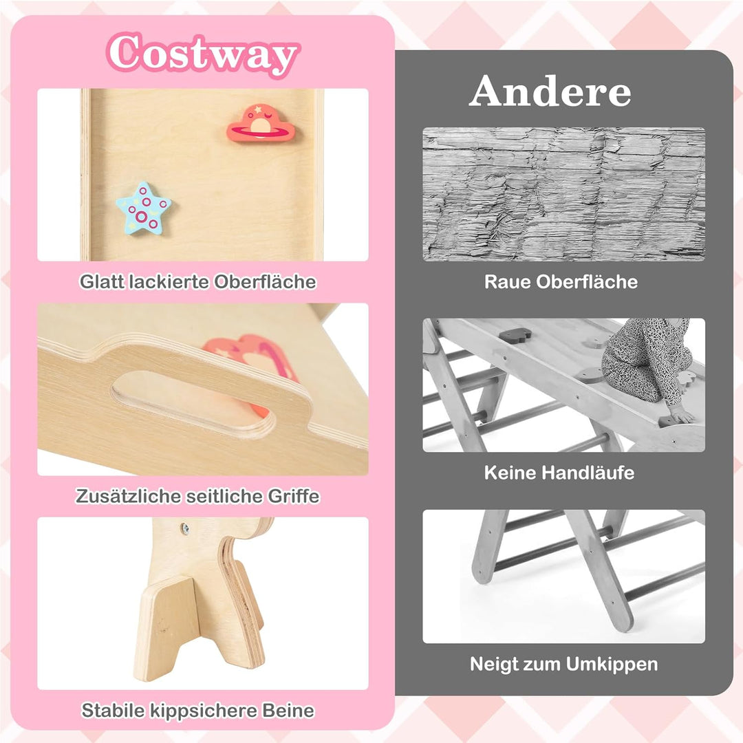 COSTWAY Klettergerüst Indoor 4er Set, klappabres Kletterdreieck mit Rutsche, Kletterbogen, Netz, ink