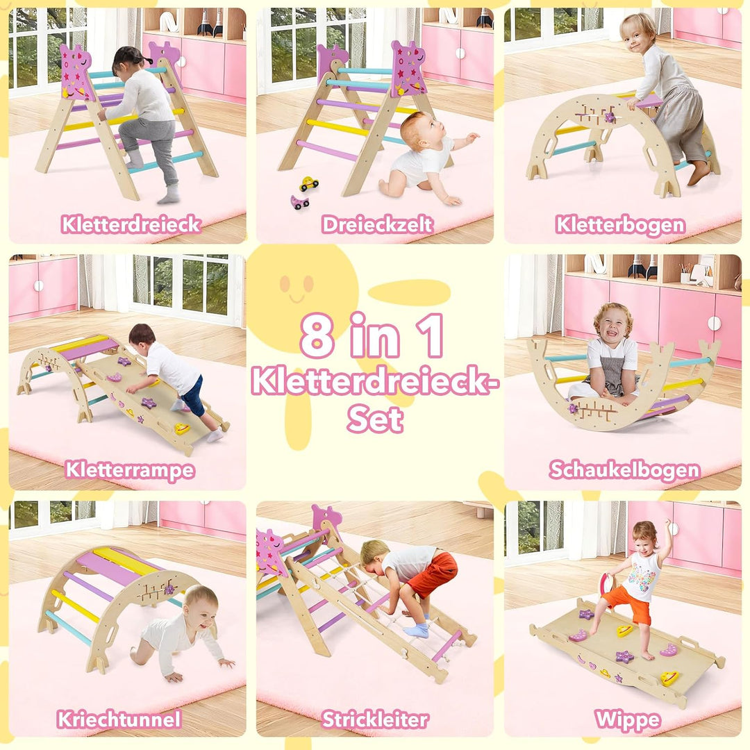 DREAMADE 9-in-1 Montessori Kletterdreieck Set, Kletterbogen aus Holz mit Netz für Kleinkinder ab 1 J