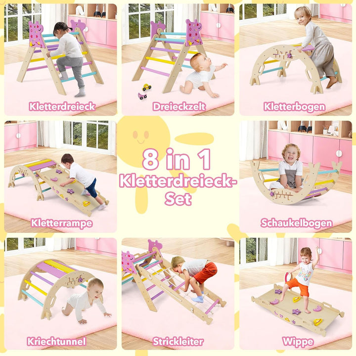DREAMADE 9-in-1 Montessori Kletterdreieck Set, Kletterbogen aus Holz mit Netz für Kleinkinder ab 1 J
