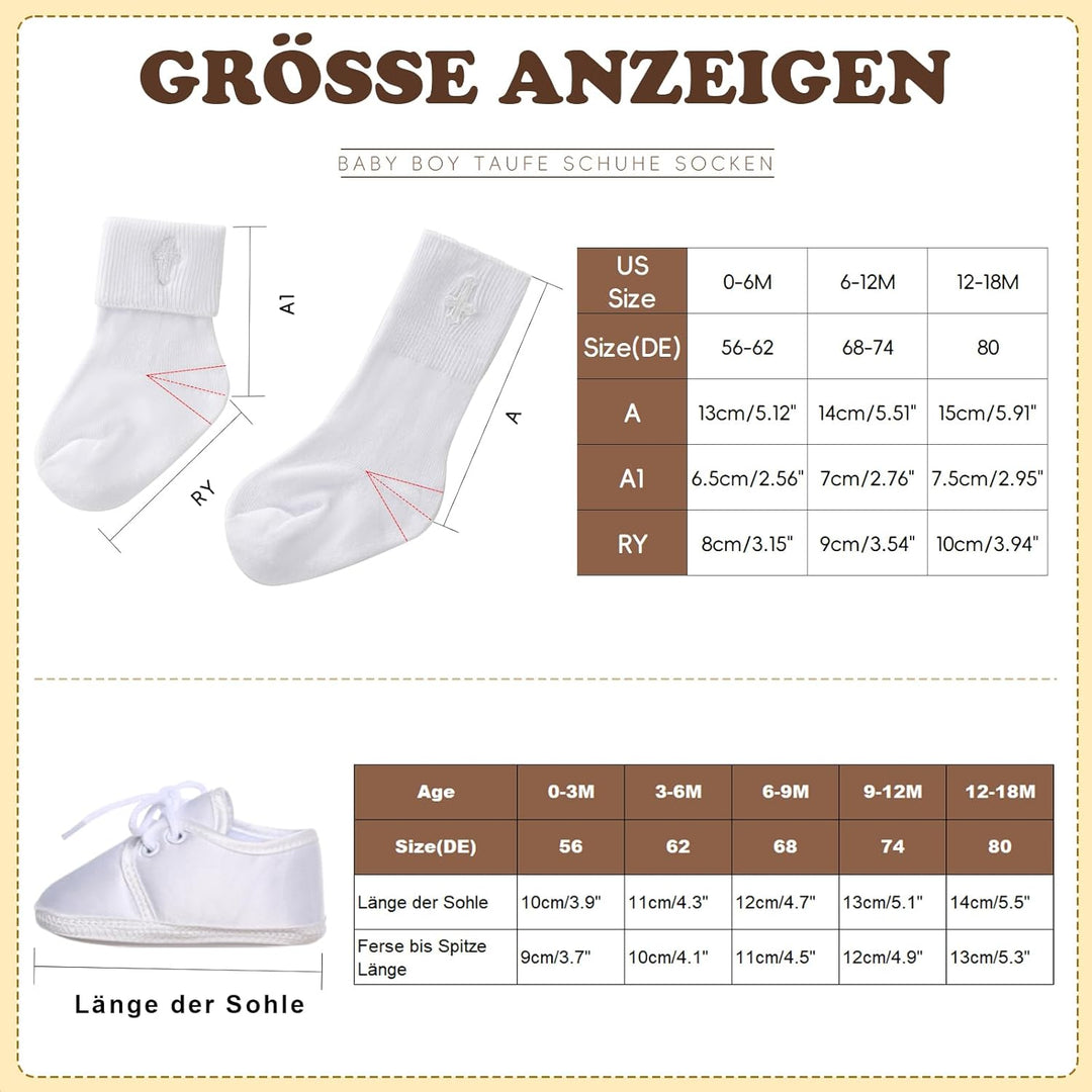 Booulfi Baby Jungen Schuhe Neugeborene Wihte Schuhe für Kleinkind Taufe Schuhe und Socken Set, 3-6 M