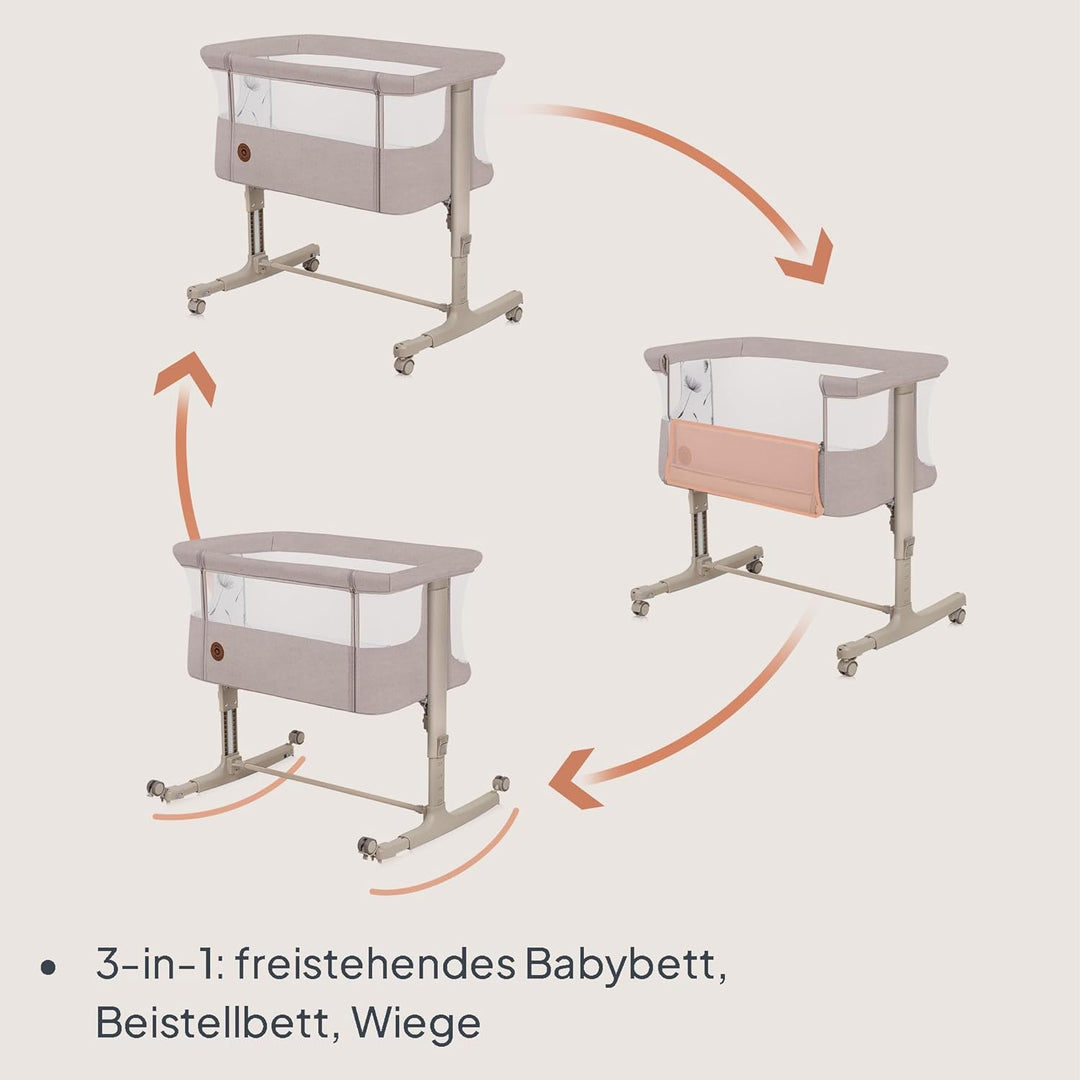 Lionelo Aurora 3 in 1 Babybett bis 9 kg, Beistellbett, Wiege, Höhenverstellug und Einstellung der Ne