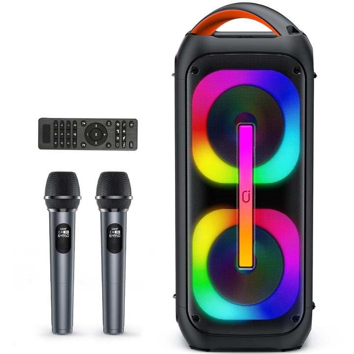 JYX Karaoke Anlage mit 2 drahtlosen Mikrofonen, Grosser Lautsprecher Bluetooth mit Rädern und Disco