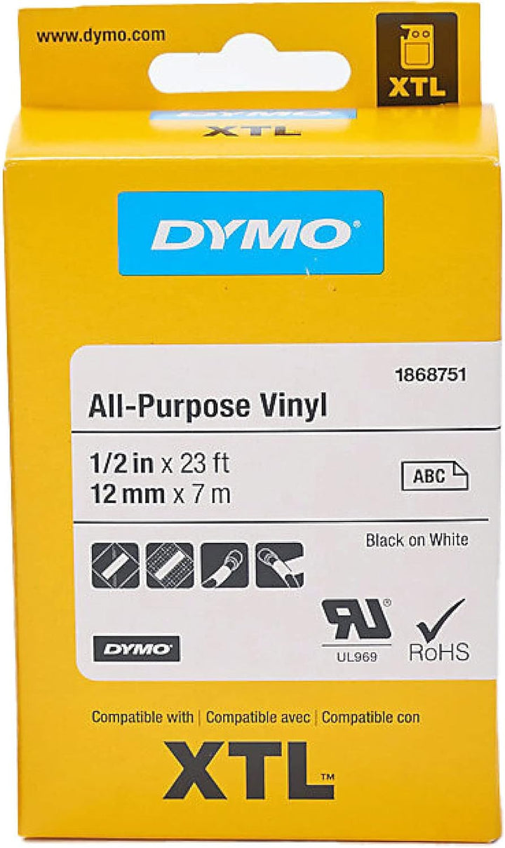 DYMO XTL Allzweck-Vinyletikett | 12 mm x 7 m | Schwarz auf Weiss Schwarz auf Wei? 12 mm x 7 m, Schwa