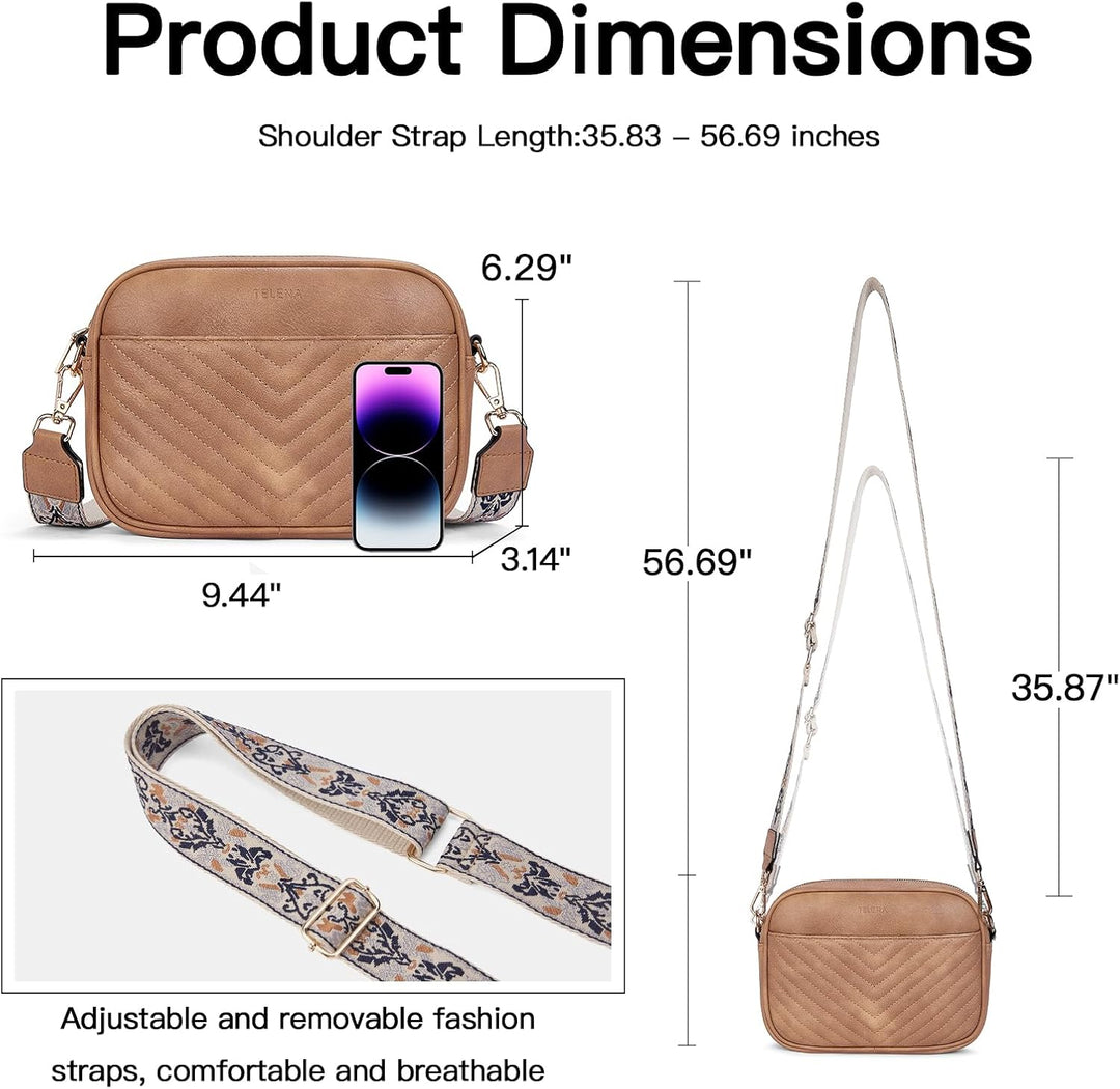 Telena Damen Handy Umhängetasche, Crossbody Bag mit verstellbarem Breiter Gurt, PU Leder Gesteppte U