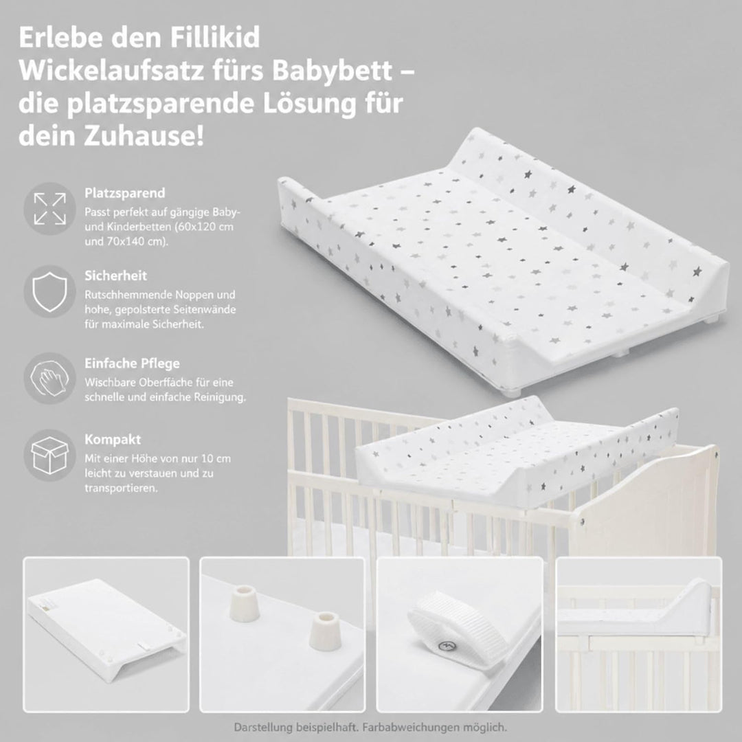 Fillikid Wickelplatte inkl. Wickelauflage Exklusiv | Wickelaufsatz zum Aufsetzen auf Baby- &amp; Kinderb
