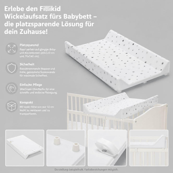 Fillikid Wickelplatte inkl. Wickelauflage Exklusiv | Wickelaufsatz zum Aufsetzen auf Baby- &amp; Kinderb