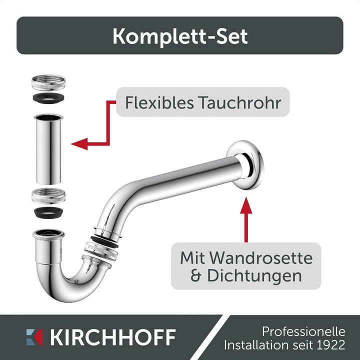 KIRCHHOFF Siphon Bidet, Siphon mit Abflussrohr und Tauchrohr passend für Bidets, Universal Syphon mi