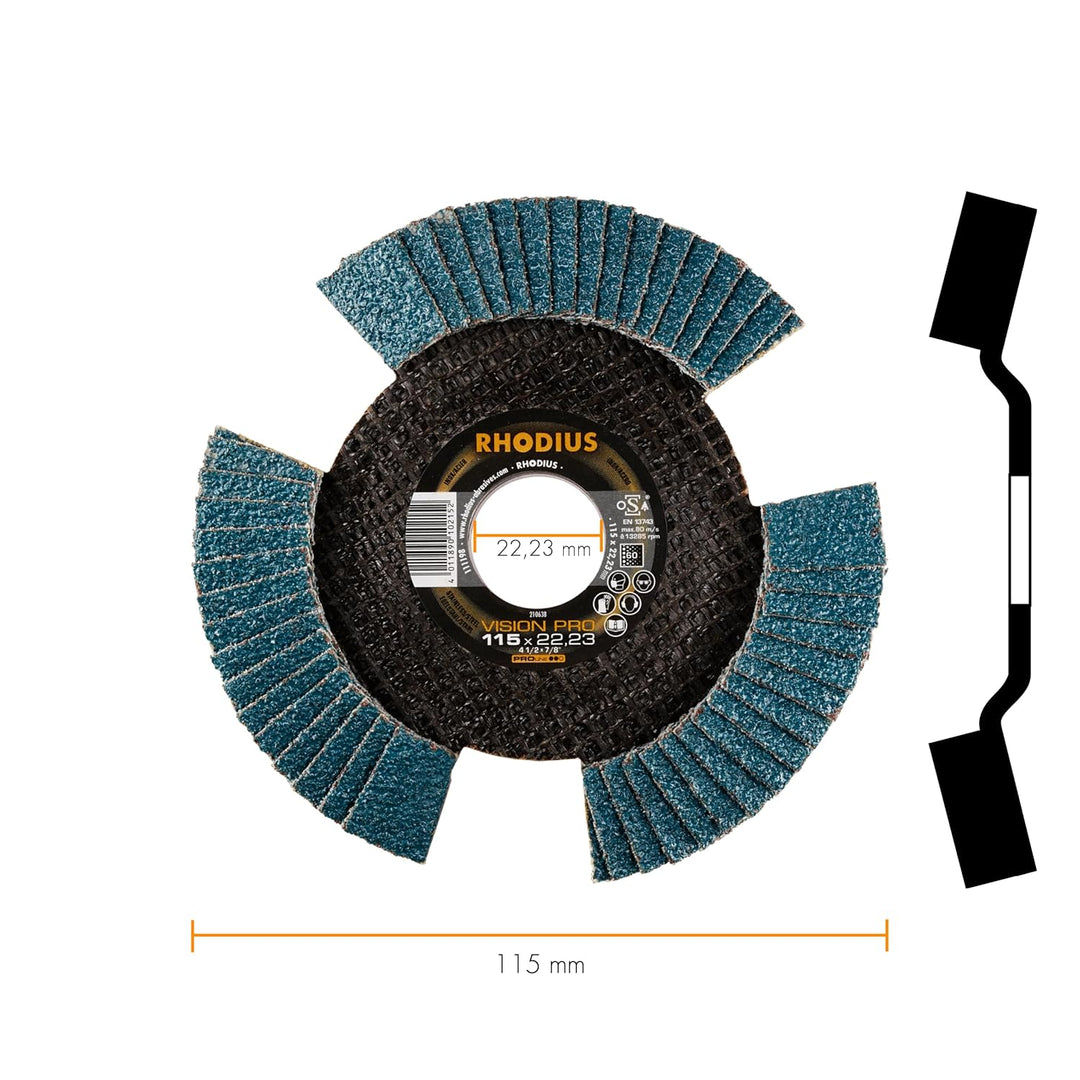 RHODIUS VISION PRO, 5 Stück Ø 115 mm K60 Fächerscheiben durchsichtig, Made in Germany, Metall Edelst