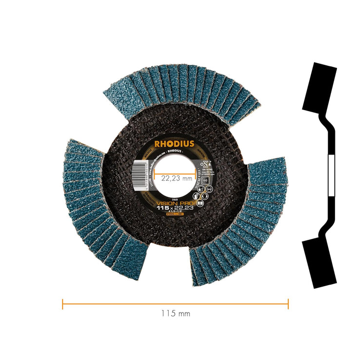 RHODIUS VISION PRO, 5 Stück Ø 115 mm K60 Fächerscheiben durchsichtig, Made in Germany, Metall Edelst