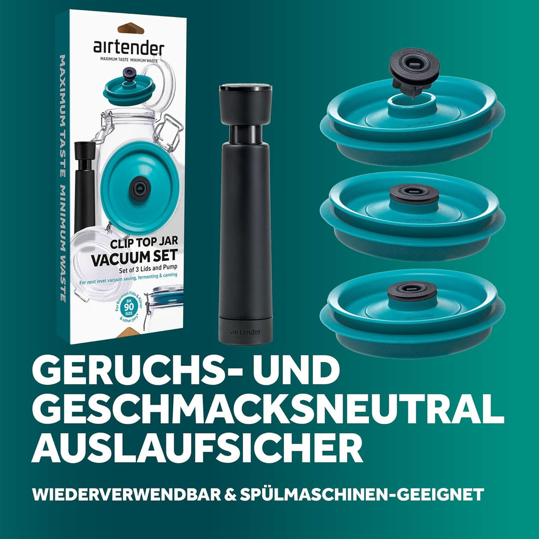 Airtender Vakuumdeckel-Set inkl. Pumpe für Einmachgläser – Frische Lebensmittel bis zu 5x länger gen