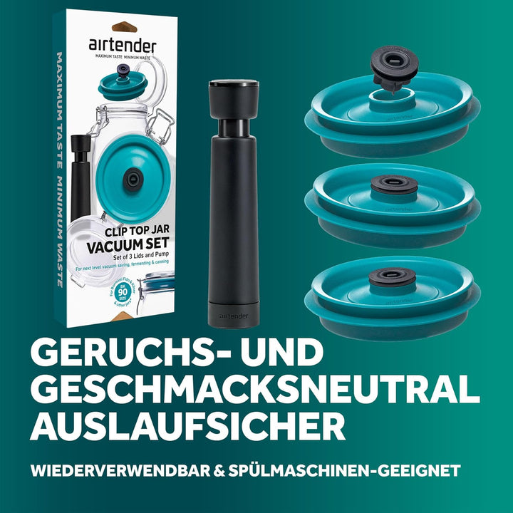 Airtender Vakuumdeckel-Set inkl. Pumpe für Einmachgläser – Frische Lebensmittel bis zu 5x länger gen