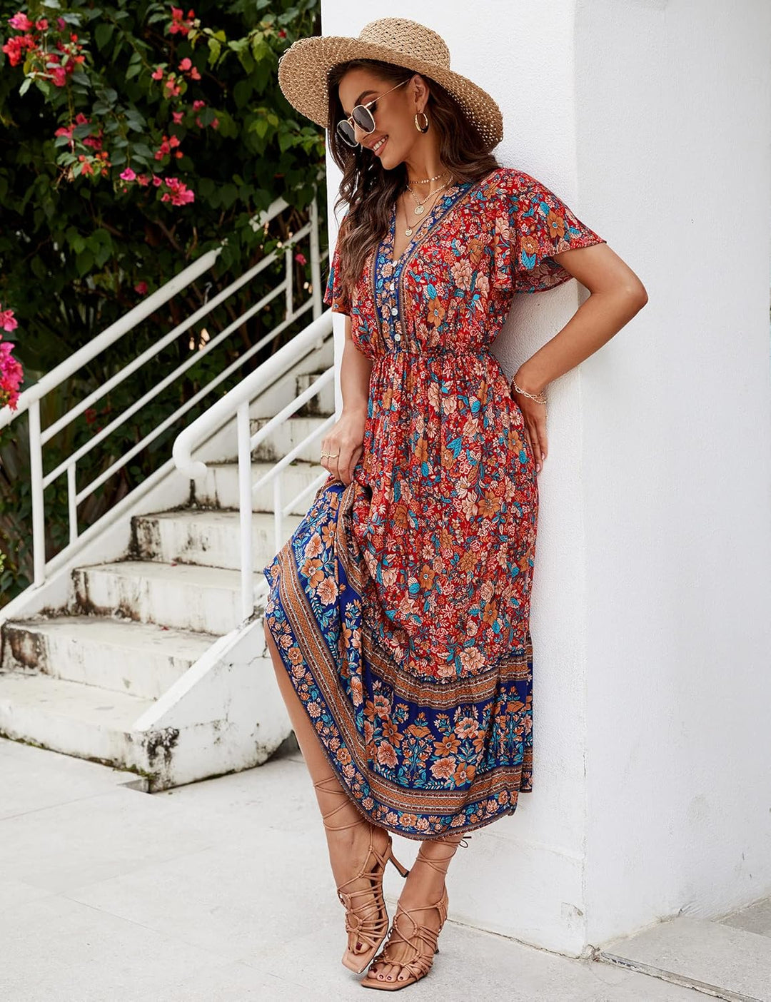 Clearlove Damen Sommerkleid Boho Kurzarm Midi Kleider V-Ausschnitt Strandkleid lang Blumenkleid Rüsc