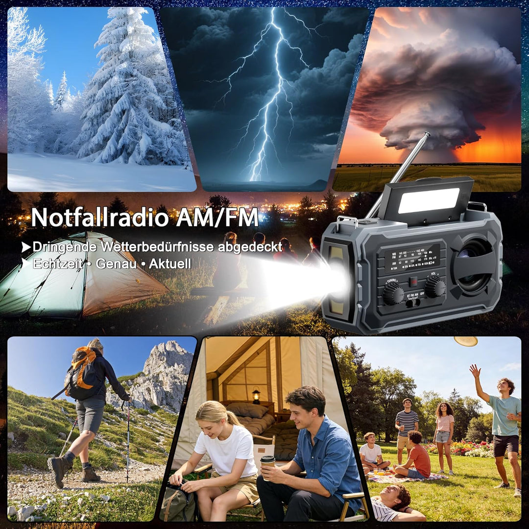 Kurbelradio, Tragbares Solarradio mit AM/FM, 10000mAh Powerbank, Notfallradio mit SOS-Alarm, LED-Tas