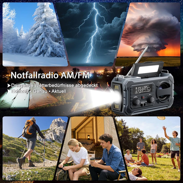 Kurbelradio, Tragbares Solarradio mit AM/FM, 10000mAh Powerbank, Notfallradio mit SOS-Alarm, LED-Tas