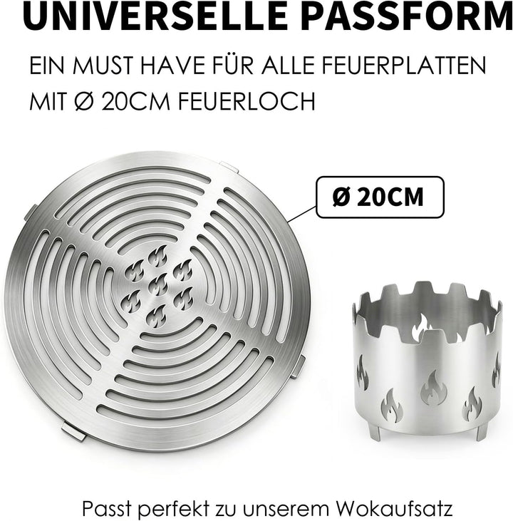 Fox·Bunny Wokaufsatz für Feuerplatten, Edelstahl, Grillplatte Plancha, kreisrunde Öffnung Ø 20 cm (G