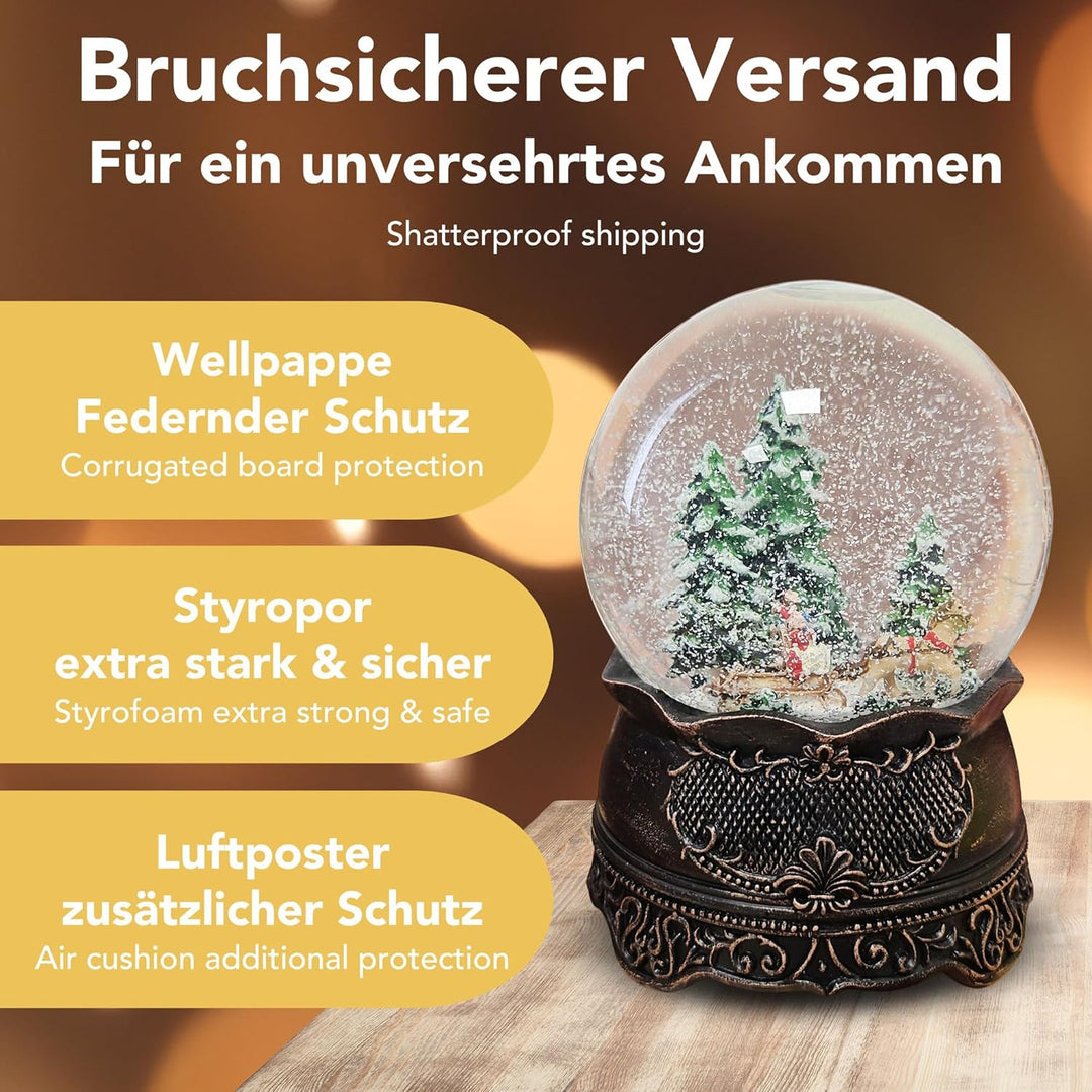 Schneekugel Weihnachten mit Musik | Weihnachtsbaum Holen | Schlittenfahrt Winterwald | Sockel Kupfer