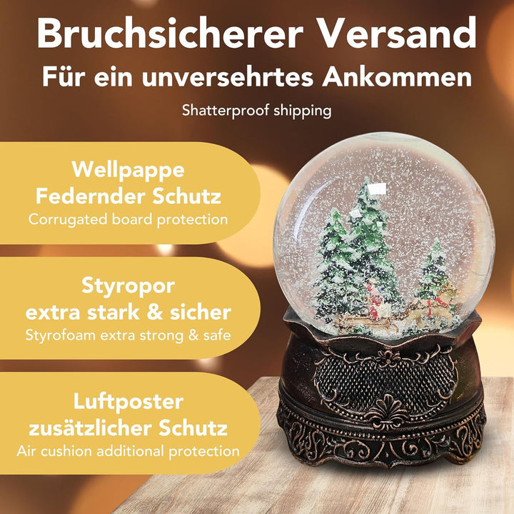 Schneekugel Weihnachten mit Musik | Weihnachtsbaum Holen | Schlittenfahrt Winterwald | Sockel Kupfer