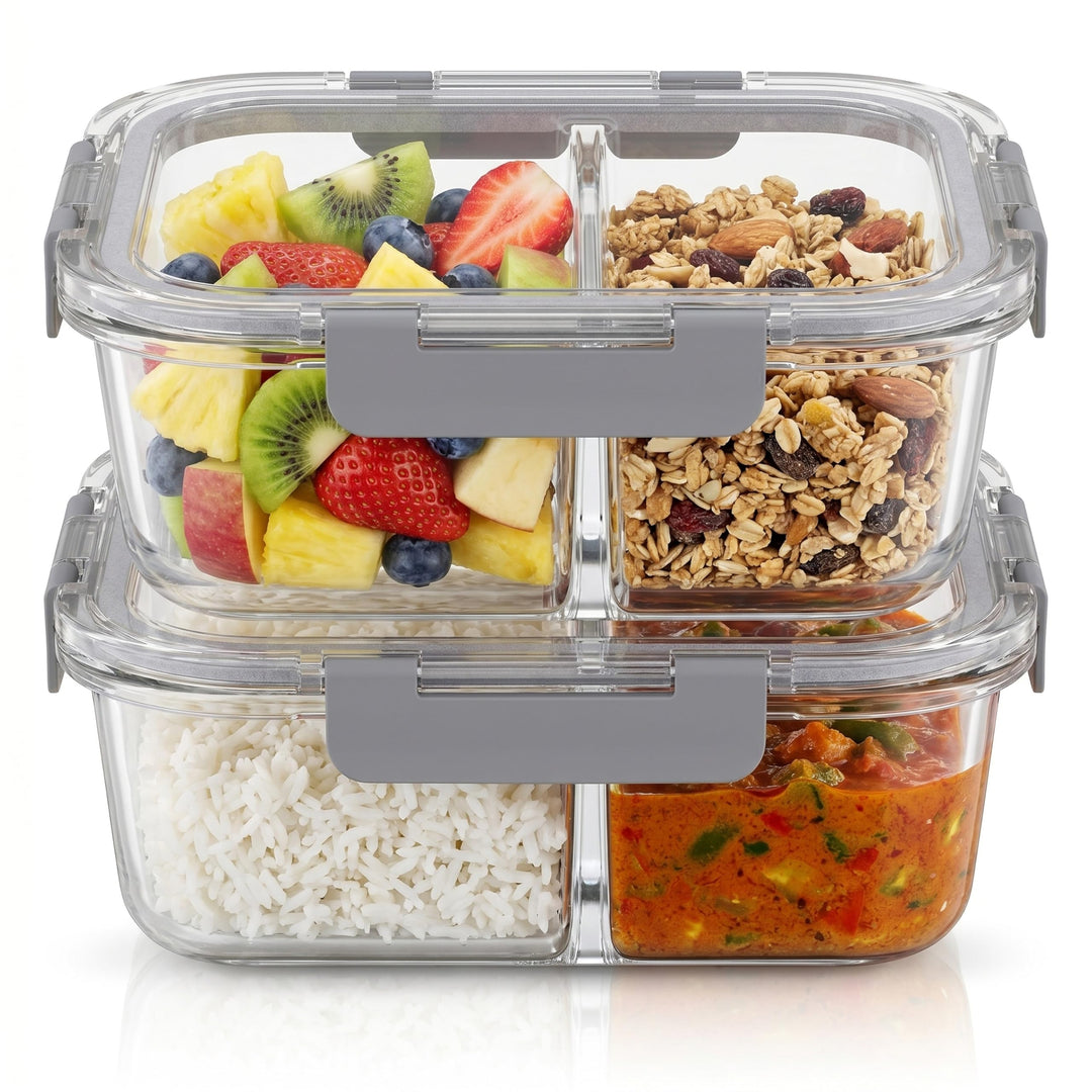 Arendo - Lunchboxen Glas - 2 Fächer - Frischhaltedosen für Lebensmittel mit Deckel luftdicht - 2er S
