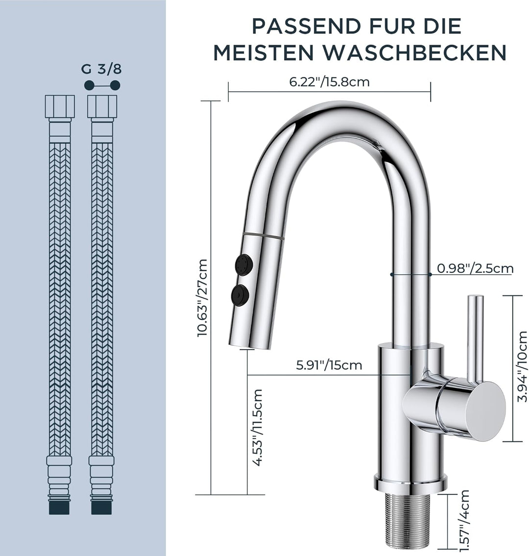 FORIOUS Wasserhahn Bad mit Ausziehbarer Brause, Edelstahl Waschtischarmatur Hoch mit 2 Strahlarten,