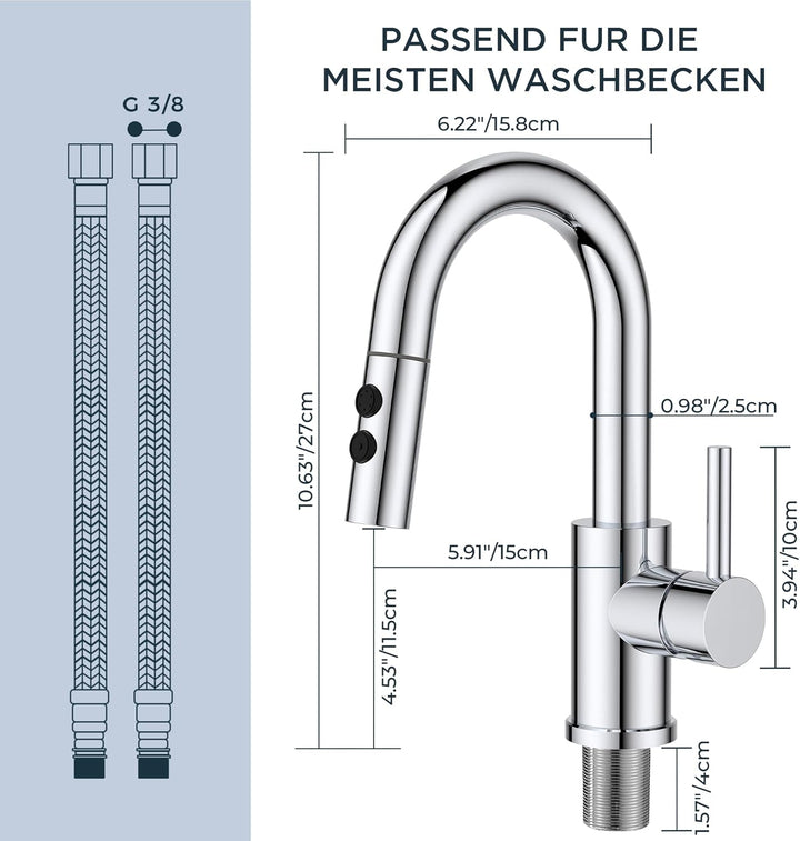 FORIOUS Wasserhahn Bad mit Ausziehbarer Brause, Edelstahl Waschtischarmatur Hoch mit 2 Strahlarten,