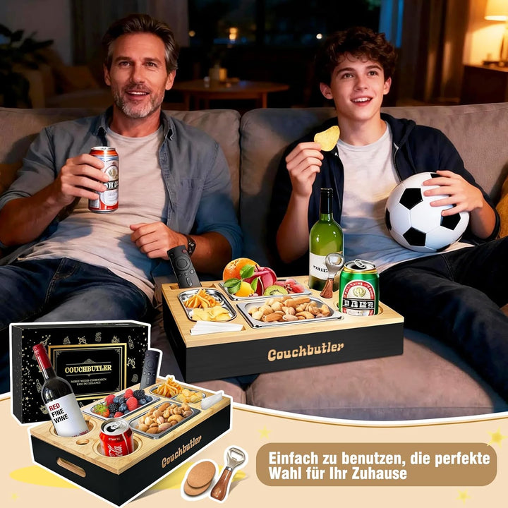 Couchbar Snackbox, Couch Tablett mit Geschenkbox, Couch Butler, Sofa Tablett mit 2 Snackschalen, Get