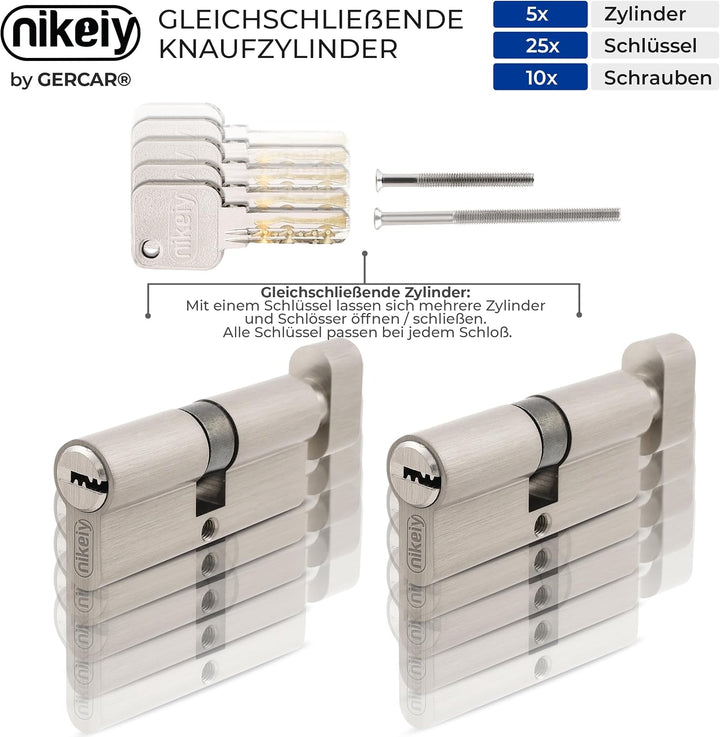 GERCAR Pro 5x Knaufzylinder 40/40 gleichschliessend Set 5 Schliesszylinder mit Knauf inkl. 25 Schlüs