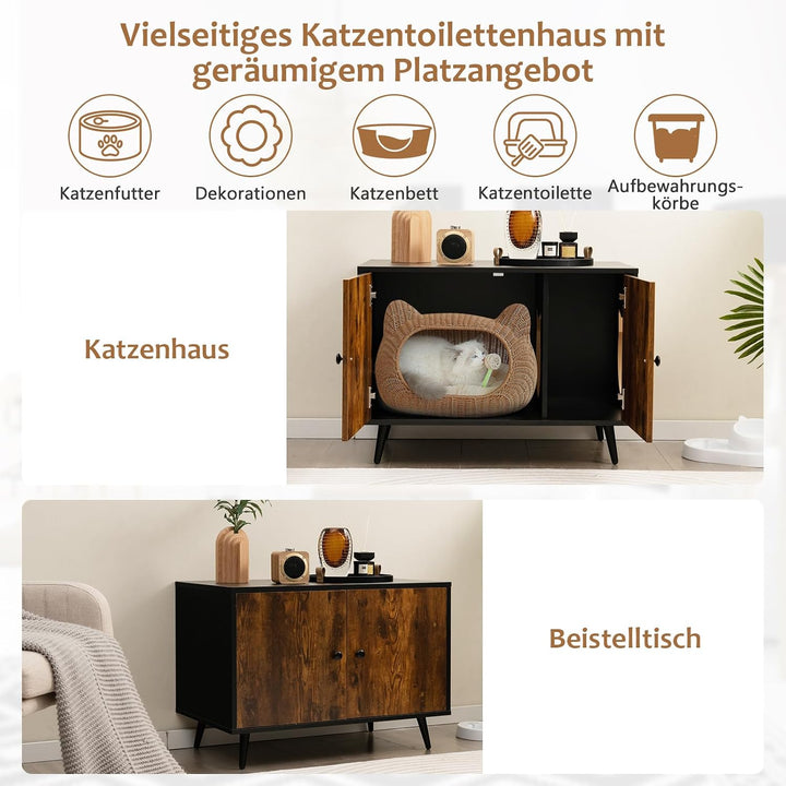 GOPLUS Katzenschrank, Katzenklo Schrank mit Doppeltüren, Trennwand und Katzenlöchern, Katzentoilette