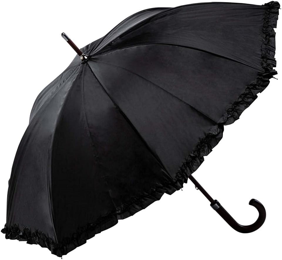 LUCKYWEATHER Regenschirm Stockschirm Damen Rüschenschirm schwarz/violett Holzstock Double Layer I St