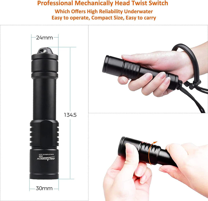 ORCATORCH D520 Tauchlampe 1000 Lumen Tauchen Taschenlampe Mechanische Kopfdrehung EIN/AUS LED Tauche