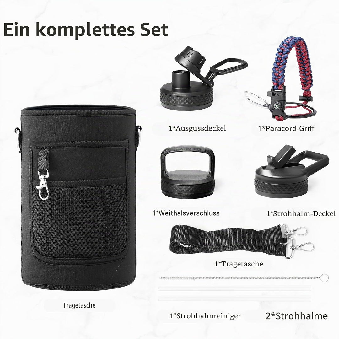 Thermosflasche mit Strohhalm 2L, Trebo Trinkflasche Edelstahl mit Paracord-Griff & 3 Deckeln, Edelst