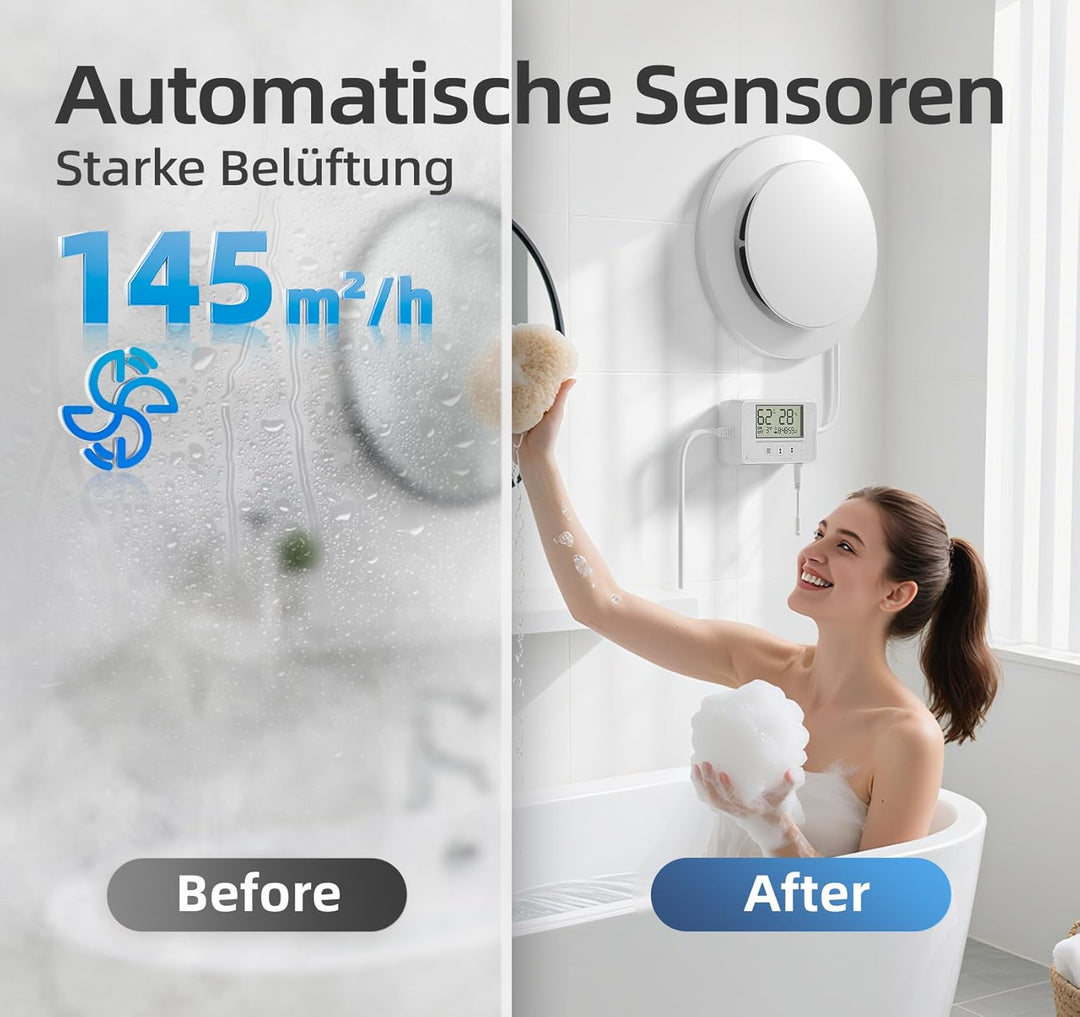 Badlüfter mit Feuchtigkeitssensor Temperatursensor Timer - 3 Stufen Bad Lüfter 100mm mit Fernbedienu