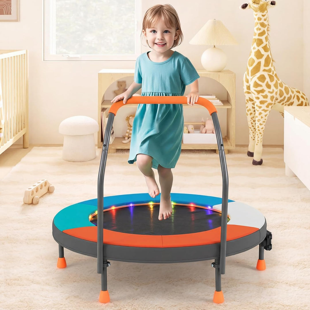 COSTWAY Ø90 cm Kinder Trampolin, Minitrampolin faltbar mit LED Beleuchtung, Fitness Trampolin Indoor