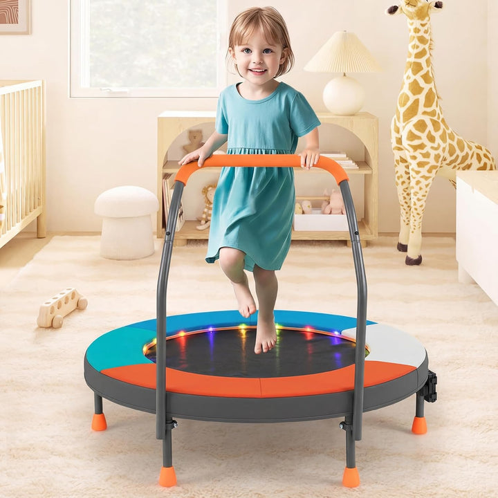 COSTWAY Ø90 cm Kinder Trampolin, Minitrampolin faltbar mit LED Beleuchtung, Fitness Trampolin Indoor