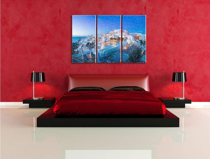 Pixxprint Oia Dorf am Sonnenuntergang Santorin Kunst Buntstift Effekt 3-Teiler Leinwandbild 120x80 B