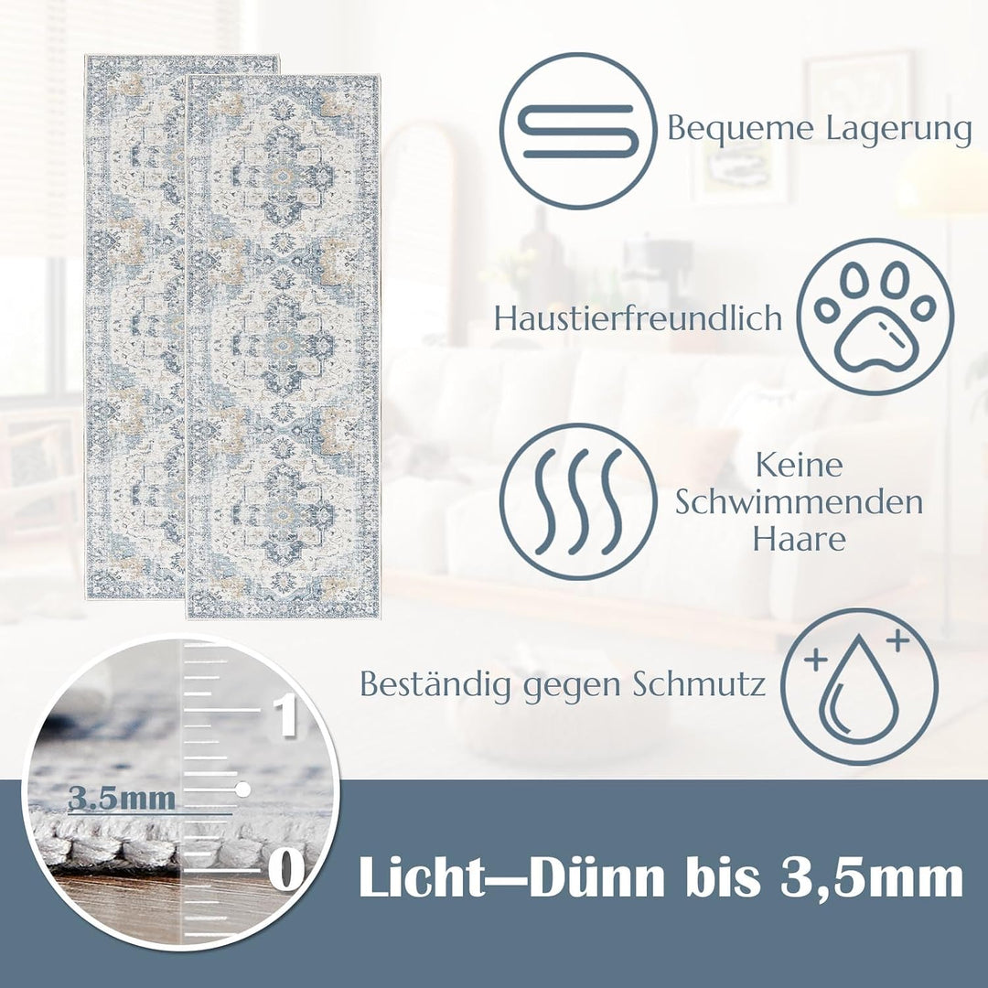 TOPICK Blau Läufer 60x300cm Flur Floral Teppich Waschbar Superdünne Vintage Blumenteppich Kurzflor O