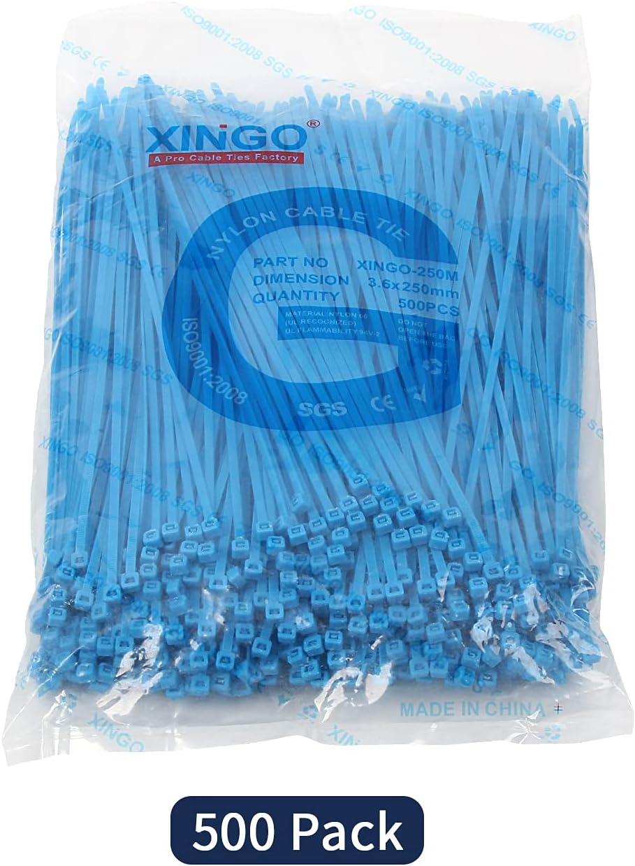 XINGO 500 Stück Kabelbinder Blau, 250mm x 3.6mm, 18,2 kg Zugfestigkeit, UV-beständig, Selbstsichernd