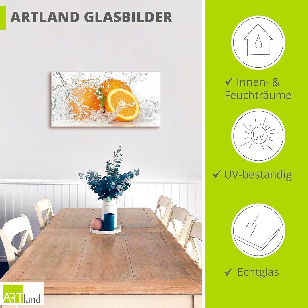 ARTland Glasbilder Wandbild Glas Bild einteilig 60x30 cm Querformat Früchte im Wasser Obst Orange Fr