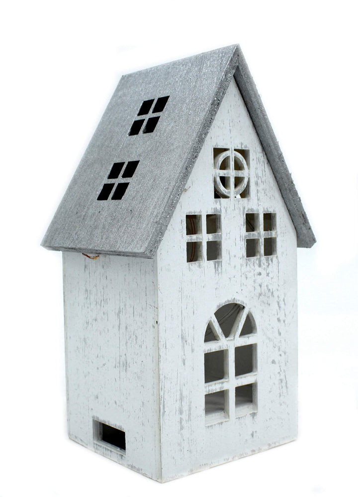 DARO DEKO Holz LED Haus weiss Silber 12 x 21cm, 12 x 21cm