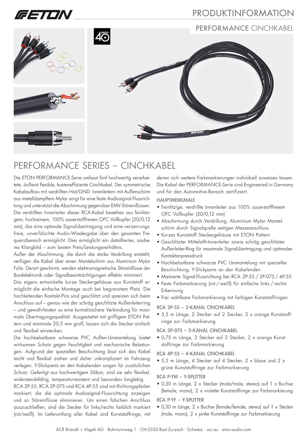 ETON RCA 2P-55 – Hochwertiges Cinchkabel (2-Kanal) mit 5,5 Meter Länge, 2 Stecker auf 2 Stecker, Cin