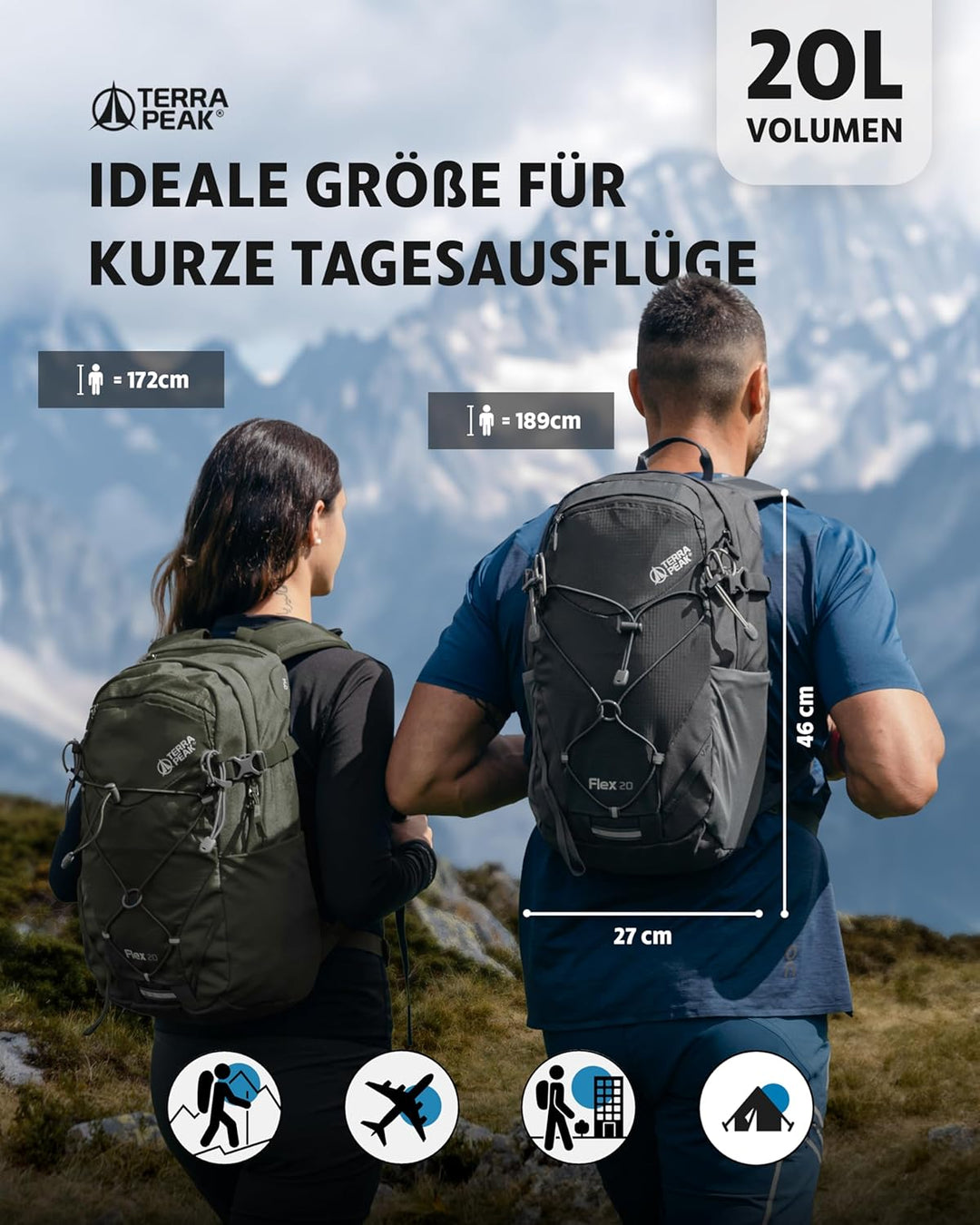 Terra Peak® Premium Wanderrucksack 20L (FLEX 20) klein mit Rückenbelüftung, Regenschutz & Trinksyste