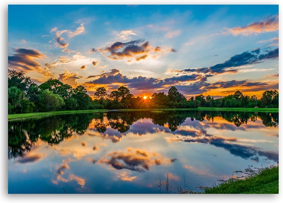 Feeby Bild auf Leinwand Sonnenuntergang Kunstdruck modern Natur Blau 80x60 cm