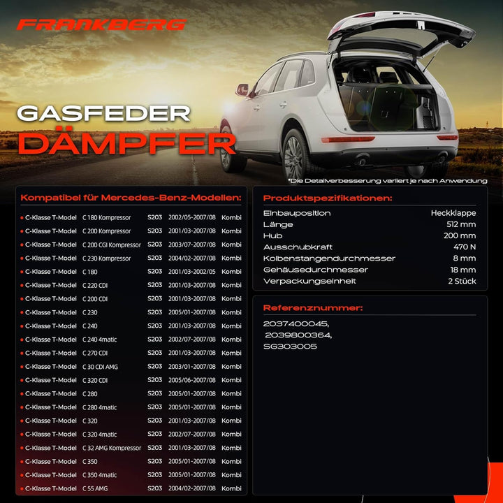 Frankberg 2x Gasfeder Dämpfer Heckklappe Kompatibel mit C-Klasse T-Model S203 180 200 220 230 240 27