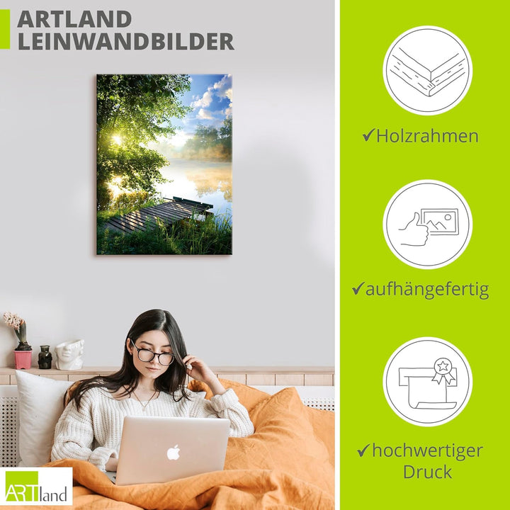 ARTland Leinwandbilder Wandbild Bild Leinwand 60x80 cm Natur Landschaft Wald Baum See Steg Sommer So