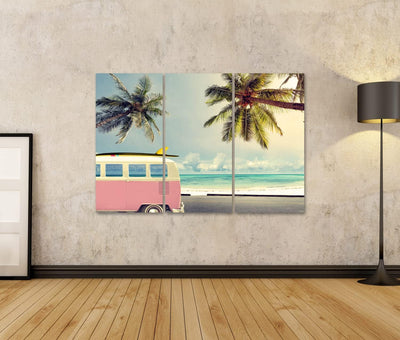 Bild auf Leinwand Oldtimer Strand Surfbrett Wandbild Poster Kunstdruck Bilder Format: 130x80cm - 3 T