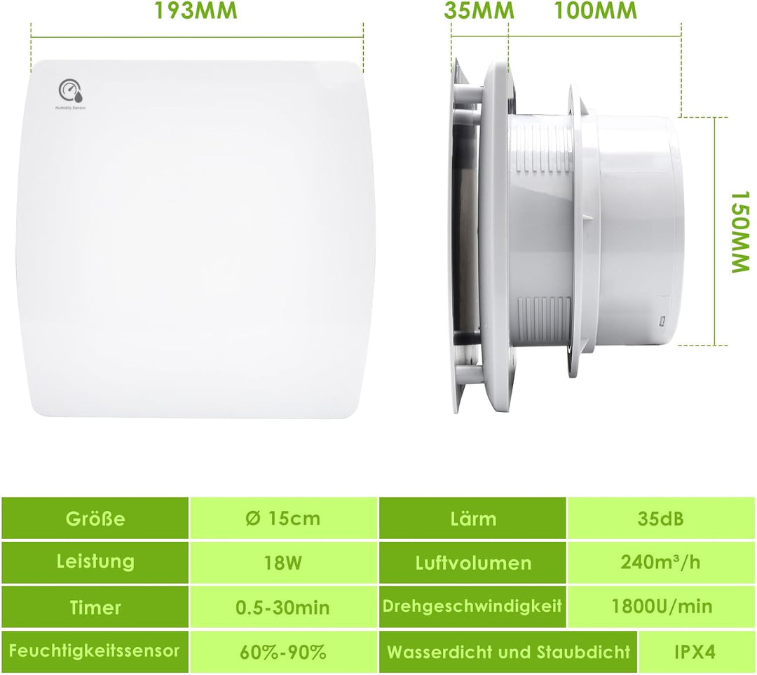 Badlüfter mit Feuchtigkeitssensor &amp; Nachlauf, 150mm Badventilator, 150mm
