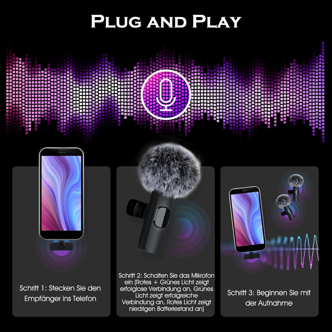 Lavalier Mikrofon Ansteckmikrofon mit Geräuschunterdrückung für Android/USB C Handy/Laptop, Wireless